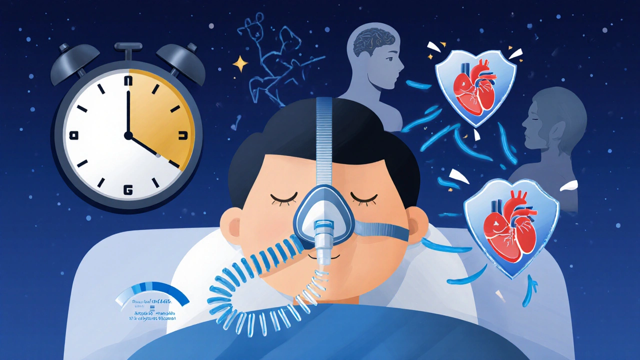 A person using CPAP with protective air streams shielding their heart and brain at night.