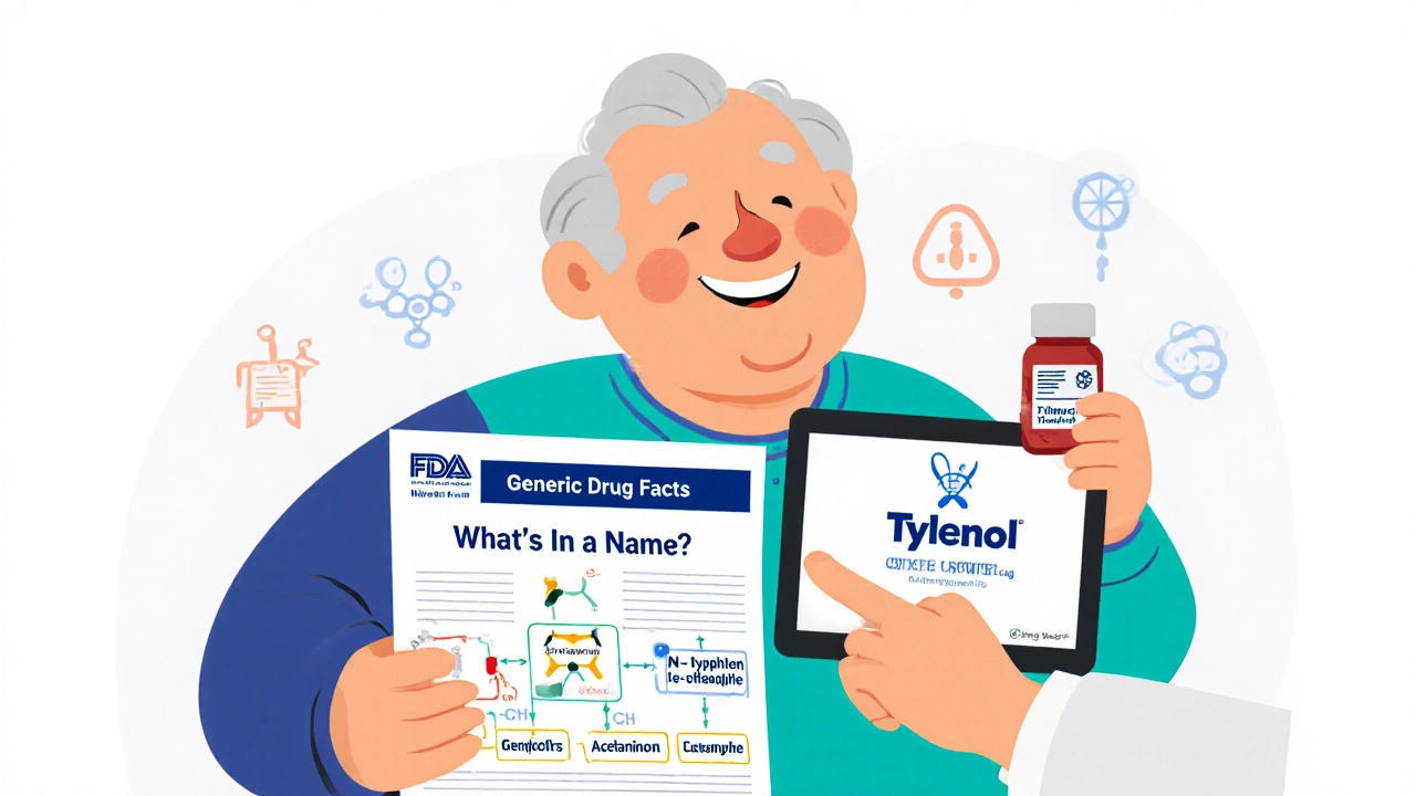 An elderly patient reads an FDA guide explaining generic drug names, with a pharmacist and AI icon in the background.