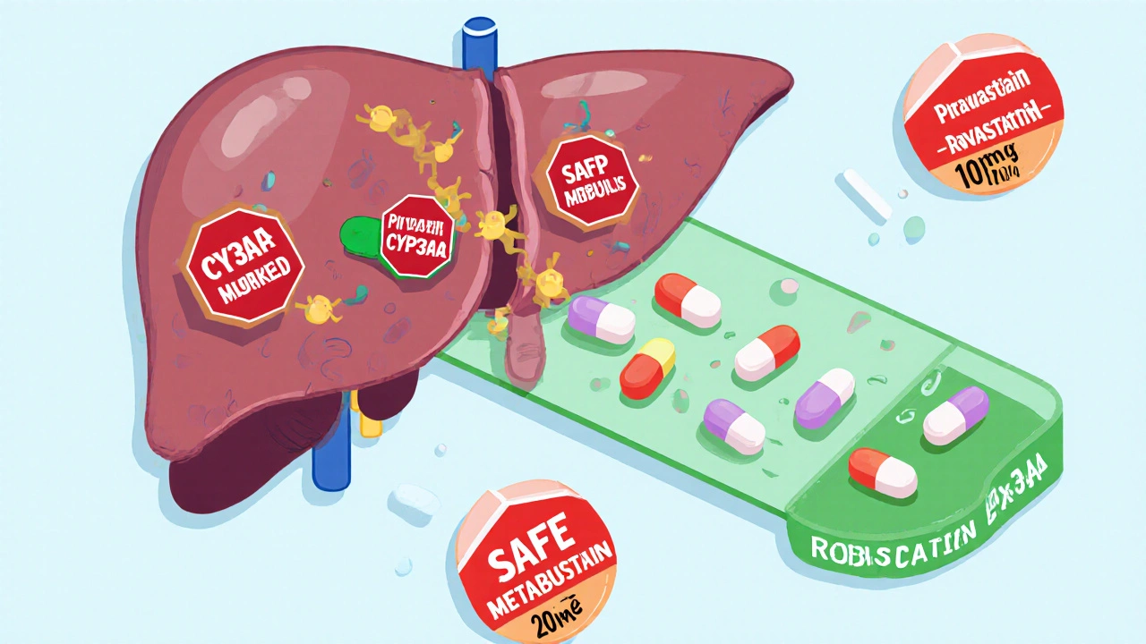 Cartoon liver with blocked enzymes and safe pathways for statins, illustrated in rounded style.