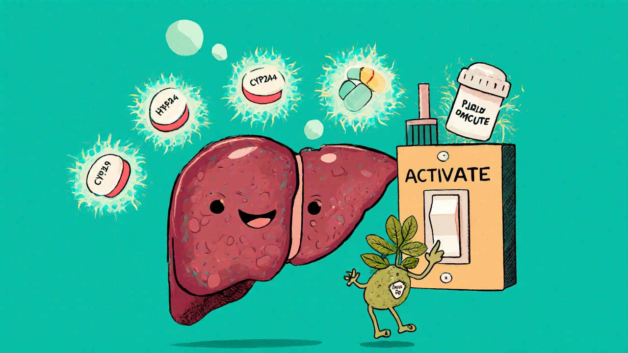 Cartoon liver with spinning enzymes pushing out medication pills.