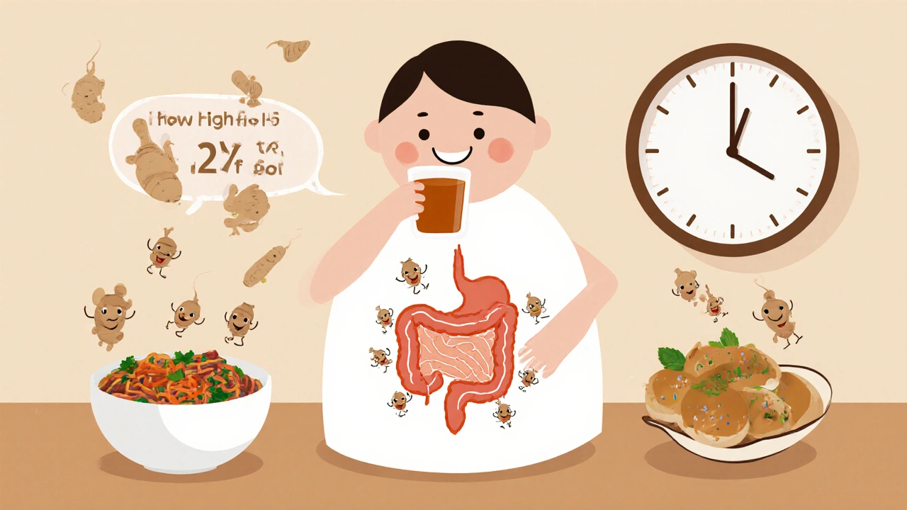 Character enjoying ginger tea as tiny root symbols show faster digestion.
