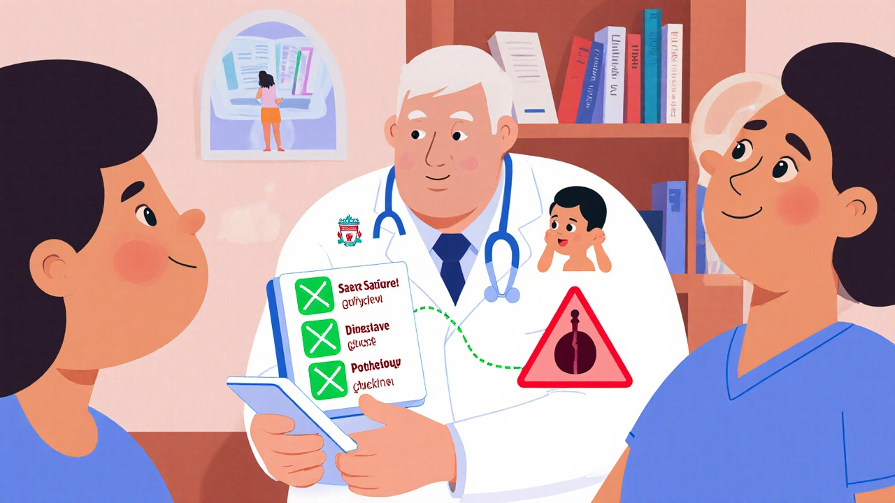 Doctor and patient checking drug interactions on a tablet with color-coded safety alerts.