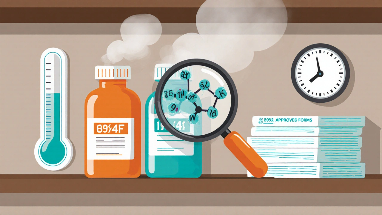 Generic medication bottle under magnifying glass reveals identical molecules to brand-name version.