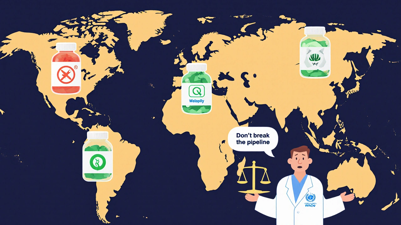 Generic pills travel globally with quality indicators, showing the balance between affordability and safety.