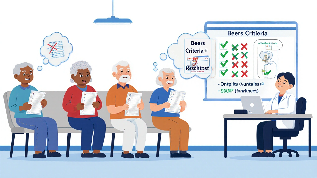 Older adults in clinic with doctor and pharmacist reviewing medication lists using Beers and STOPP criteria.