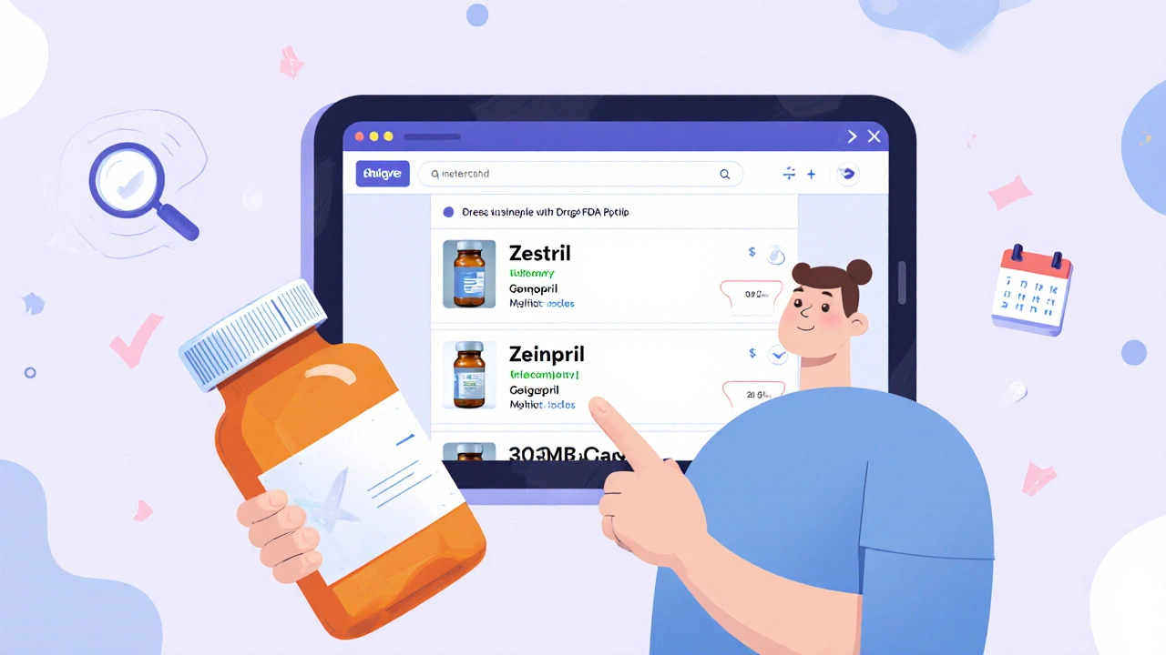 Patient comparing brand and generic drug names on a tablet with friendly medical icons.