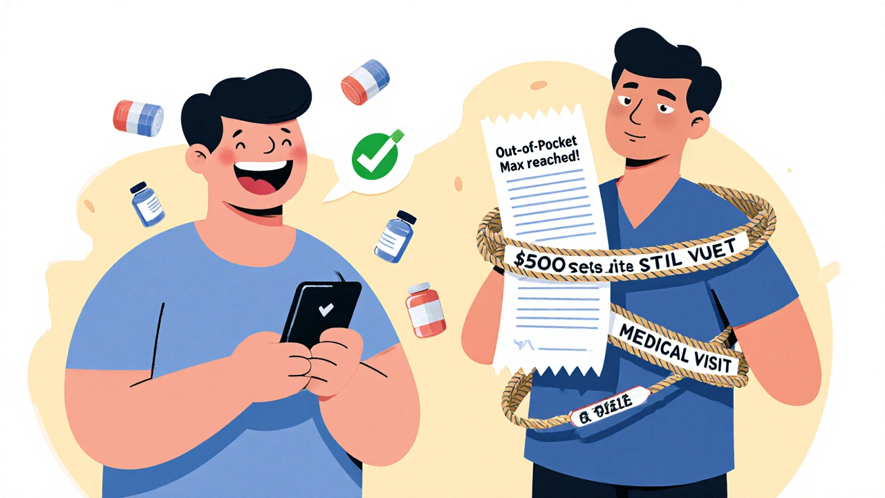 Person celebrating reaching out-of-pocket max while another faces unexpected medical bill.