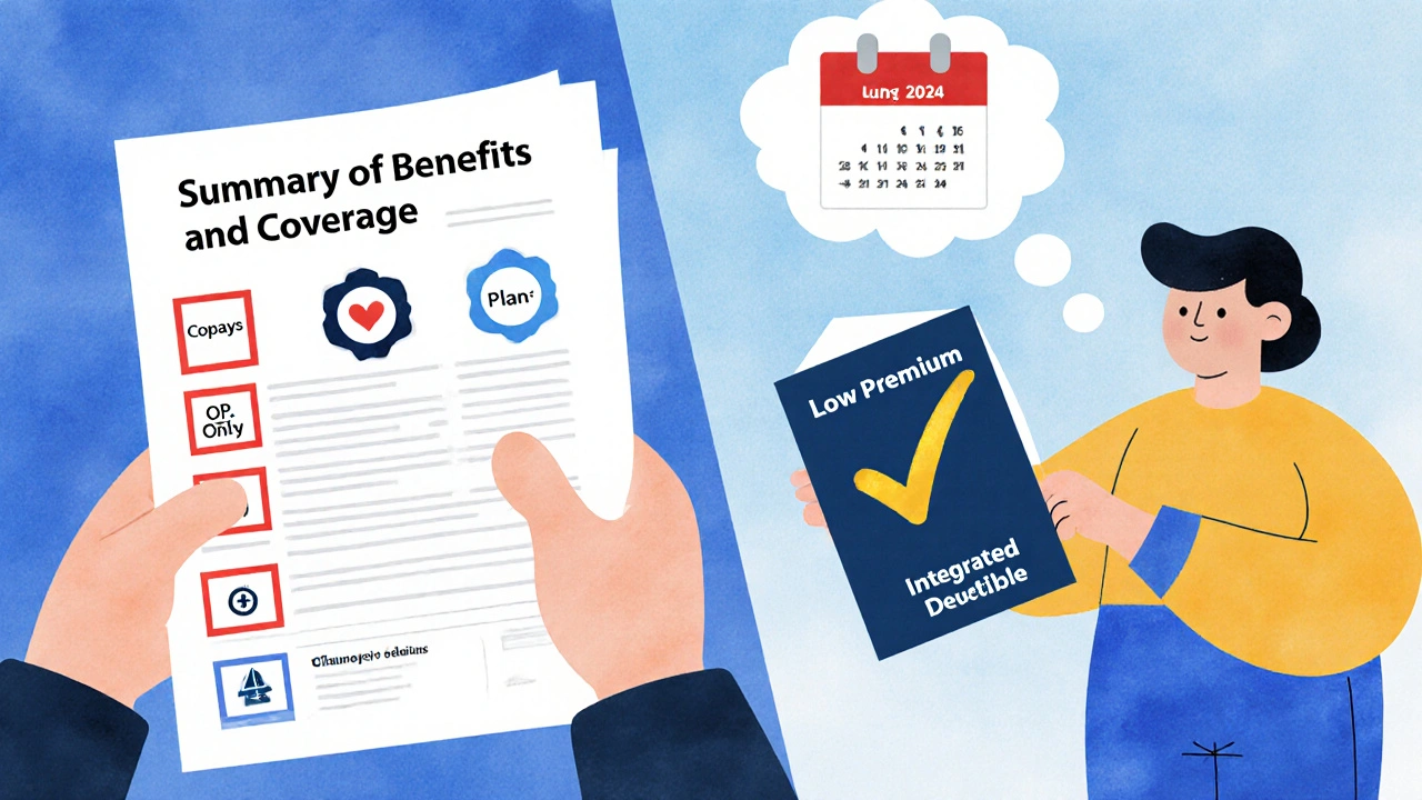 Person comparing insurance plans with clear icons showing how copays count toward limits.