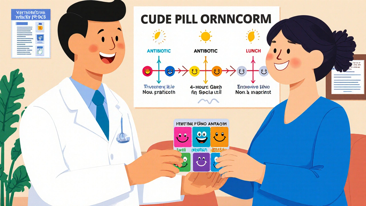 Pharmacist giving a color-coded pill organizer with timing schedule
