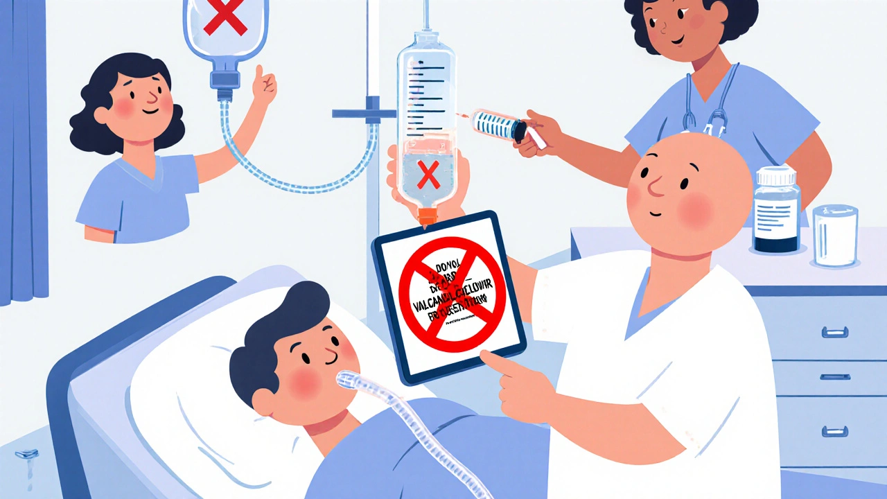 Pharmacist warning a nurse not to crush a dangerous medication, with a syringe and feeding bag visible.