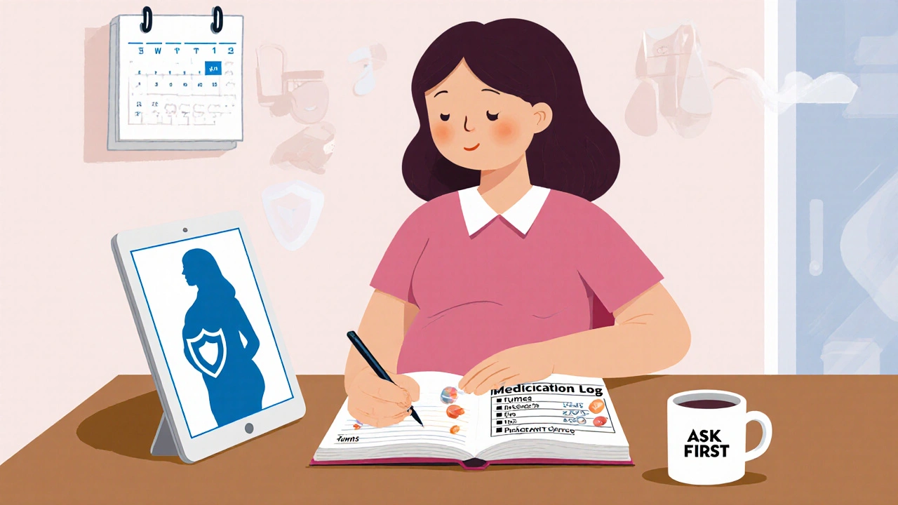 Pregnant woman keeping a medication log with safe drugs and fetal protection symbol.