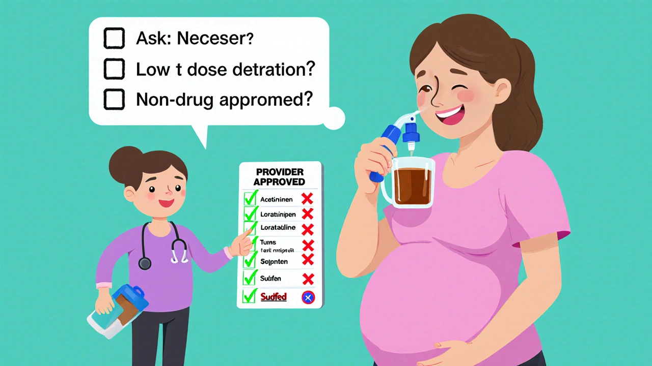 Pregnant woman using safe remedies with a checklist for medication safety.