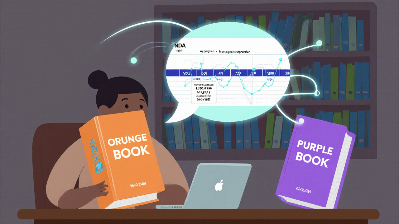 Researcher comparing FDA databases with a timeline of drug approvals floating nearby.