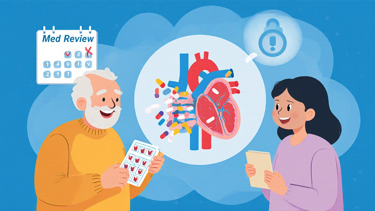 Senior and family member using pill organizer, transparent heart shows drug interactions being simplified.