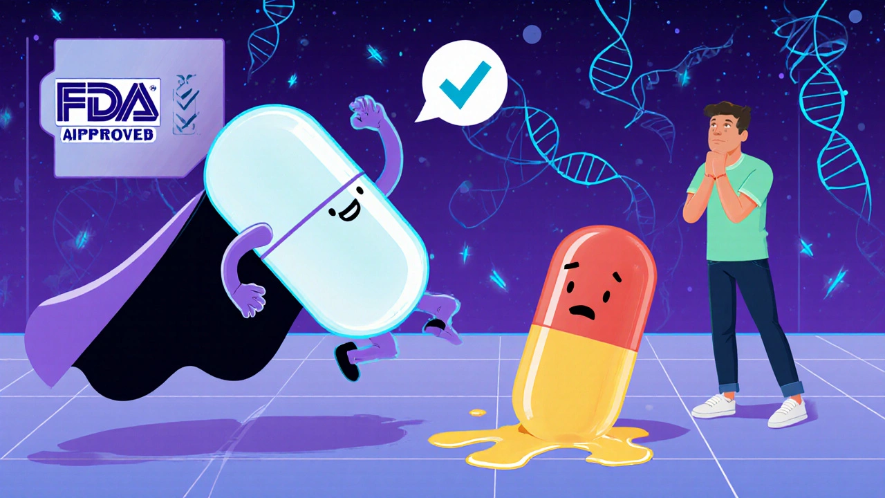 Superhero antibiotic Cipro XR-24 defeating an outdated antacid pill