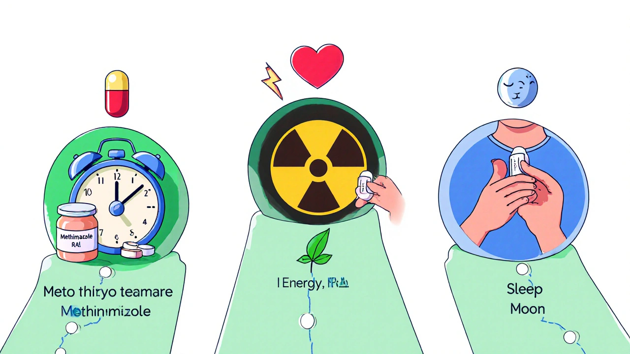 Three colorful treatment paths leading to a person taking daily thyroid medication