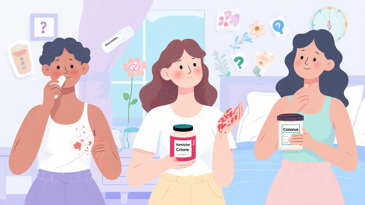Three women comparing hormone treatments: pill, gel, and cream in bedroom setting