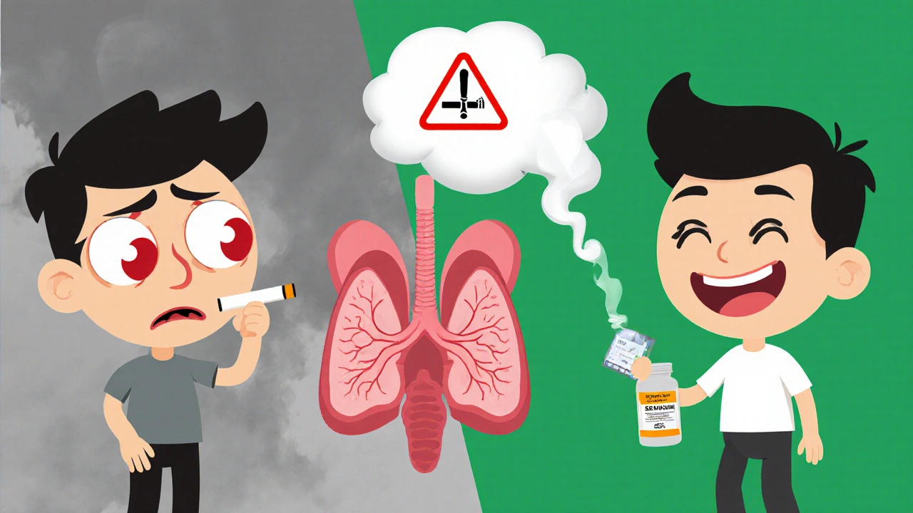 Two people side by side: one with bulging eyes and cigarette, one healthy with supplement