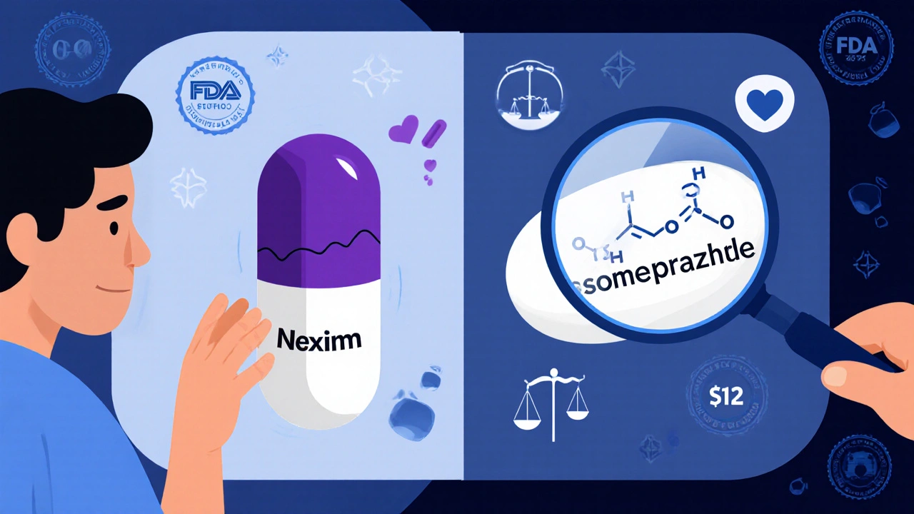 Two pills side by side—one branded, one generic—showing identical internal chemical structures despite different shapes and colors.