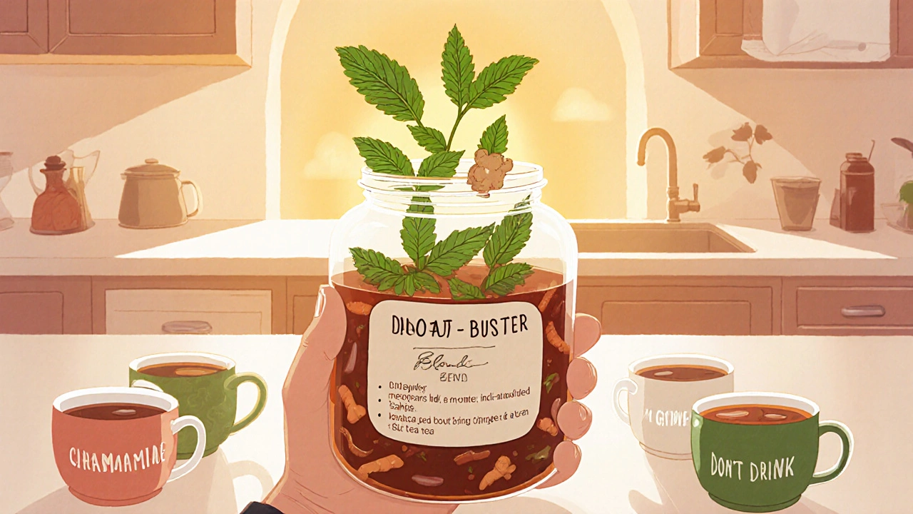 Whimsical jar of herbal tea blend with floating mint, fennel, and ginger leaves.