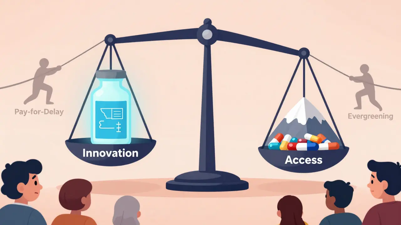 A balance scale weighing innovation against access, with shadowy figures manipulating the system.