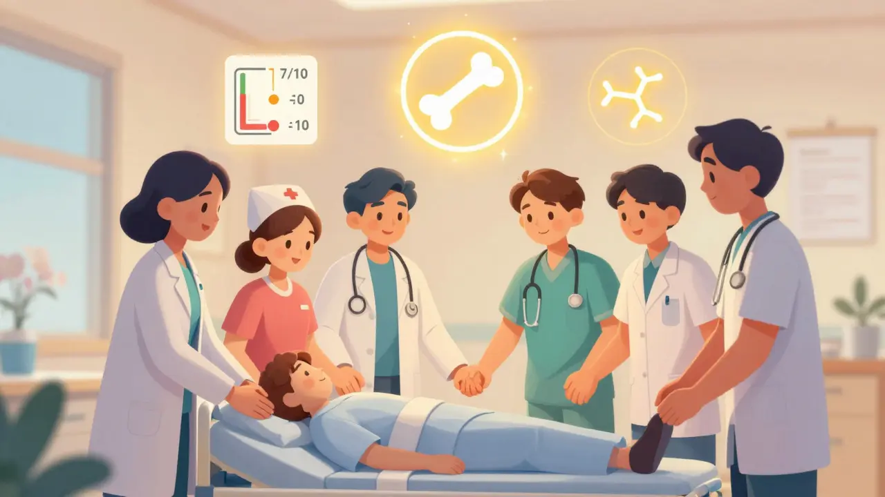 A care team supporting a cancer patient with pain management icons glowing above them.