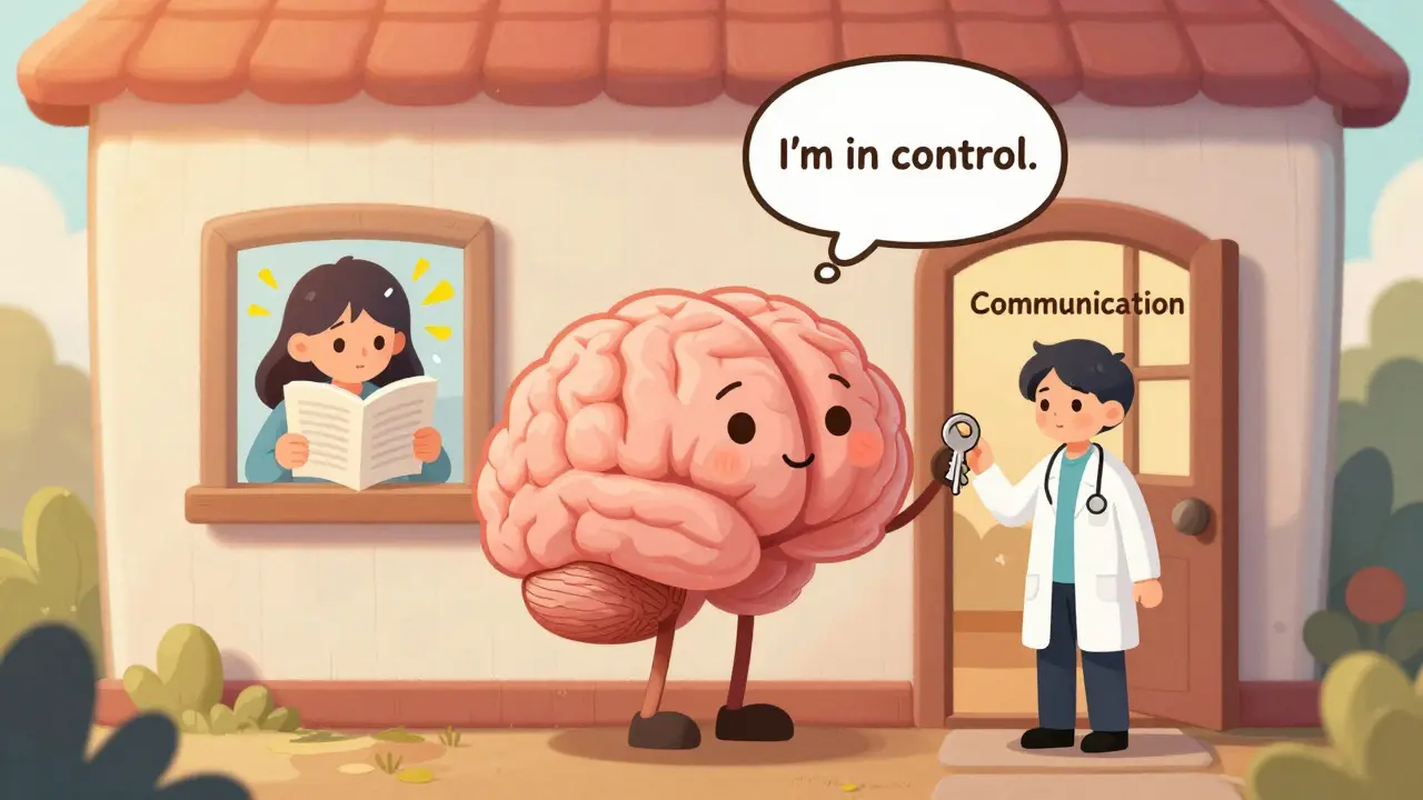 A cartoon brain-house with windows showing fear vs. calm, and a doctor offering a key labeled 'Communication' to manage expectations.