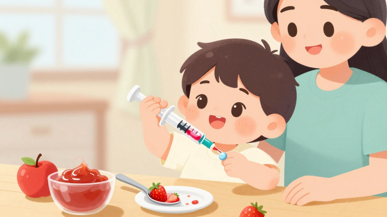A child takes medicine from a syringe with applesauce nearby, smiling during treatment.