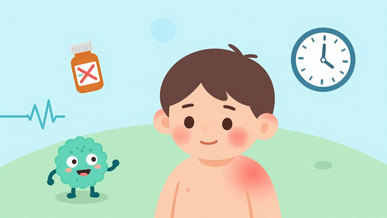 A child with a rash is shown with symbols explaining it’s likely not a true allergy.