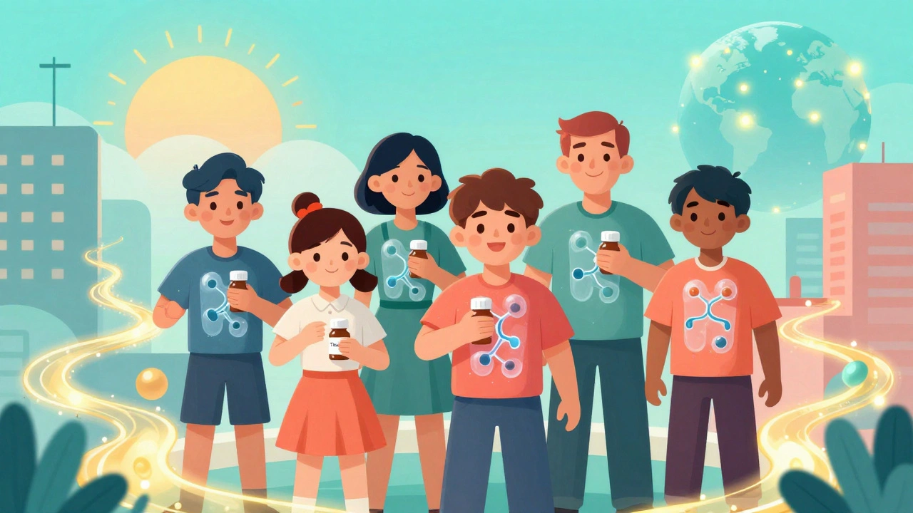 A diverse group of people holding Trikafta bottles, with molecular structures fixing CFTR channels in their chests.