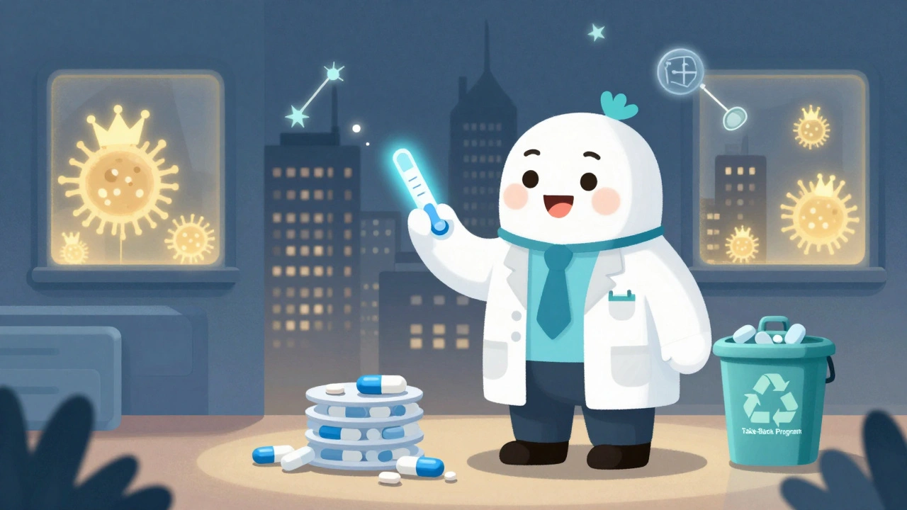 A doctor tests an expired antibiotic with a glowing strip, while superbugs rise over a city, illustrated in cartoon style.