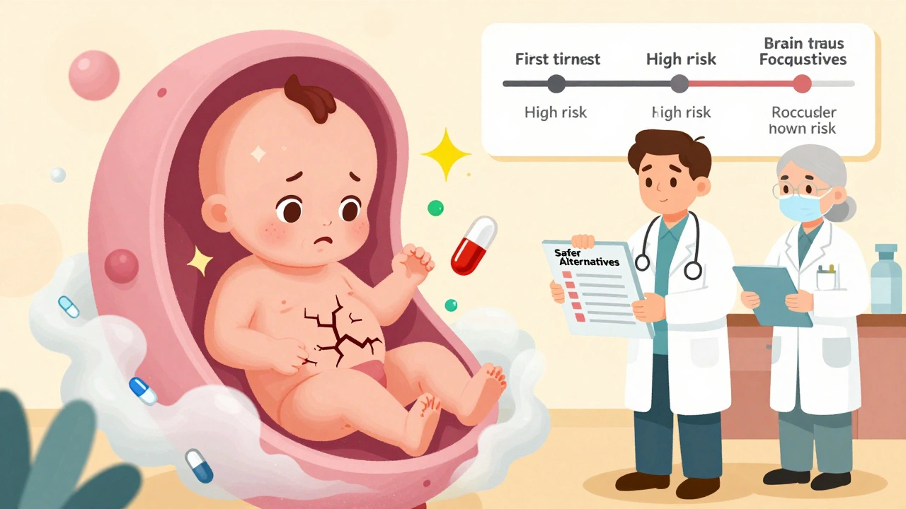 A fetus surrounded by drug particles affecting development, with medical professionals guiding safer choices during pregnancy.
