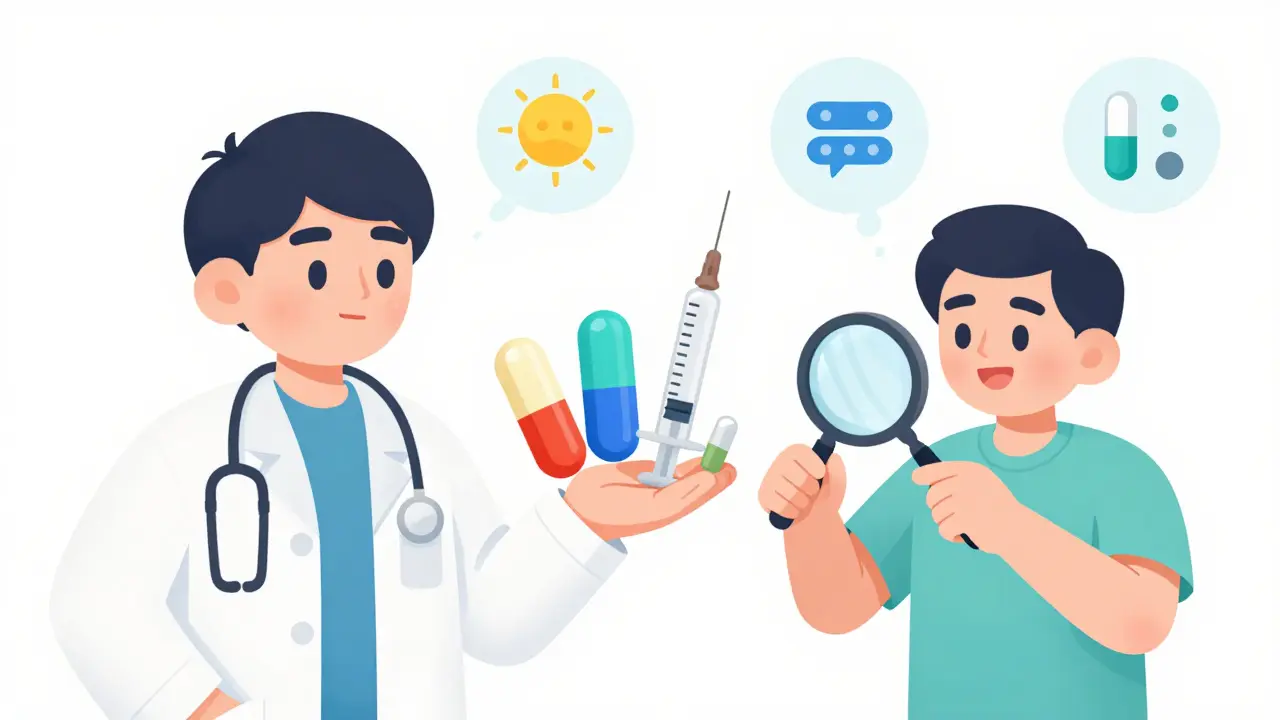 A man examining three testosterone treatment options as colorful medical toys.