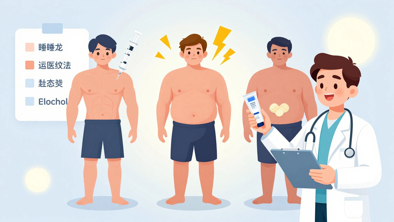 A man receiving testosterone therapy with three treatment options shown, before-and-after body changes, and healthy lifestyle icons glowing nearby.