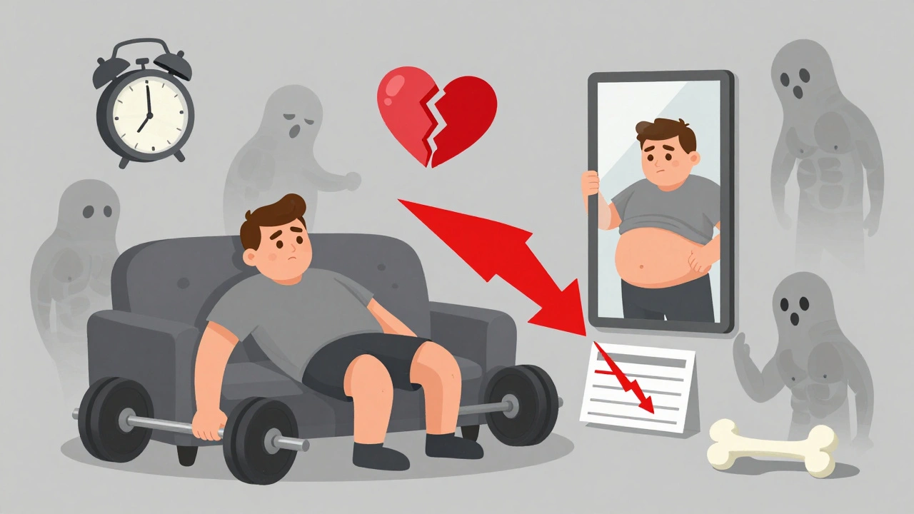 A man surrounded by floating symptoms of low testosterone: fatigue, weight gain, and muscle loss in a muted, tired palette.