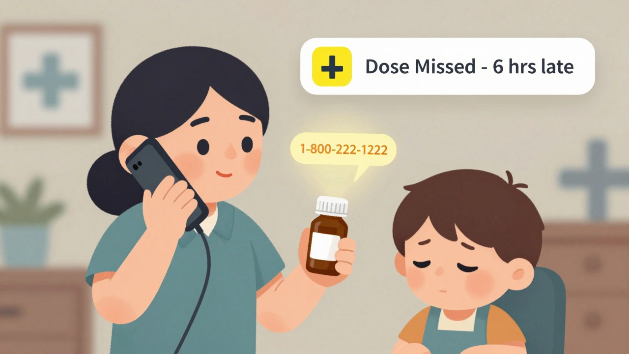 A parent calls the pediatrician about a missed dose, child looking sleepy, with poison control number and AI alert floating nearby.