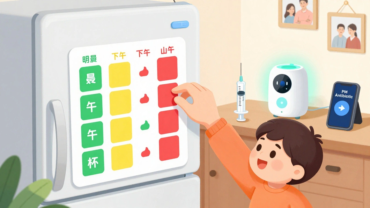 A parent uses a color-coded medication chart on the fridge with a child helping, an oral syringe and phone alarm visible.