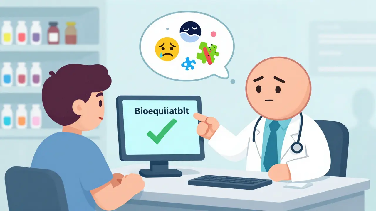 A patient and doctor at a clinic, with the patient’s thought bubble showing psychological distress despite a 'bioequivalent' label.