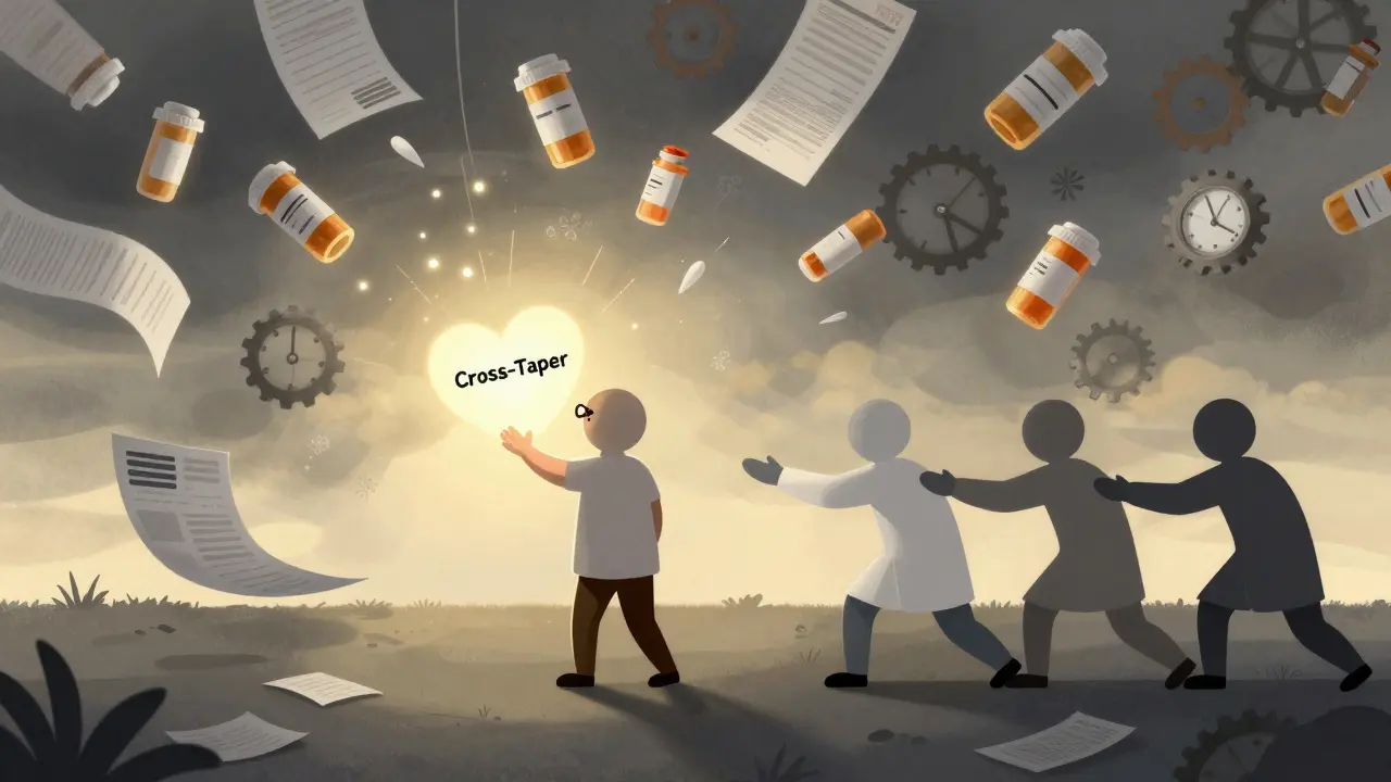 A person caught in a storm of medical paperwork and pills, reaching toward a gentle heart-shaped light of slow transition.