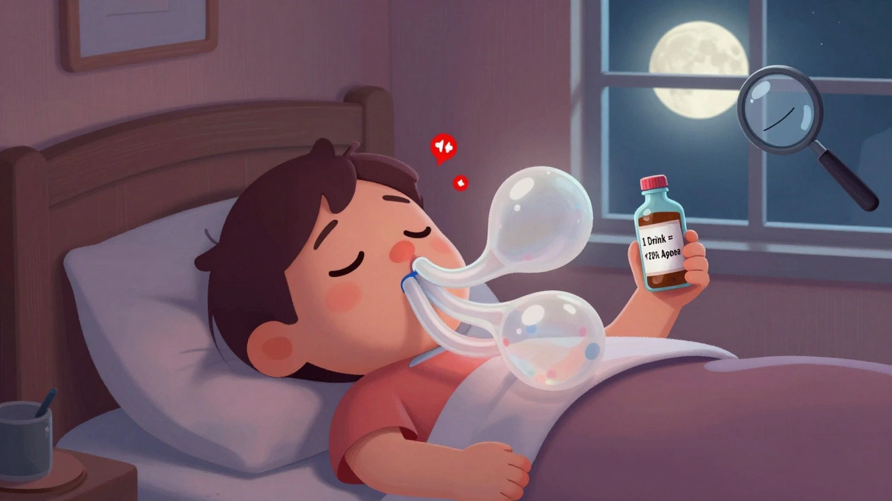 A person snoring as their airway collapses like deflated tubes, with warning signs showing increased apnea risk.