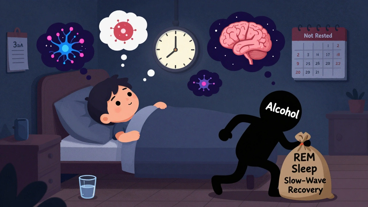 A person waking at 3 a.m. surrounded by nightmares and a shadowy figure taking away sleep recovery.