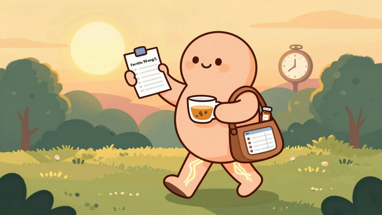 A person walking at sunset with iron supplement and tea, calm neural pathways in legs, blood test showing healthy ferritin level.