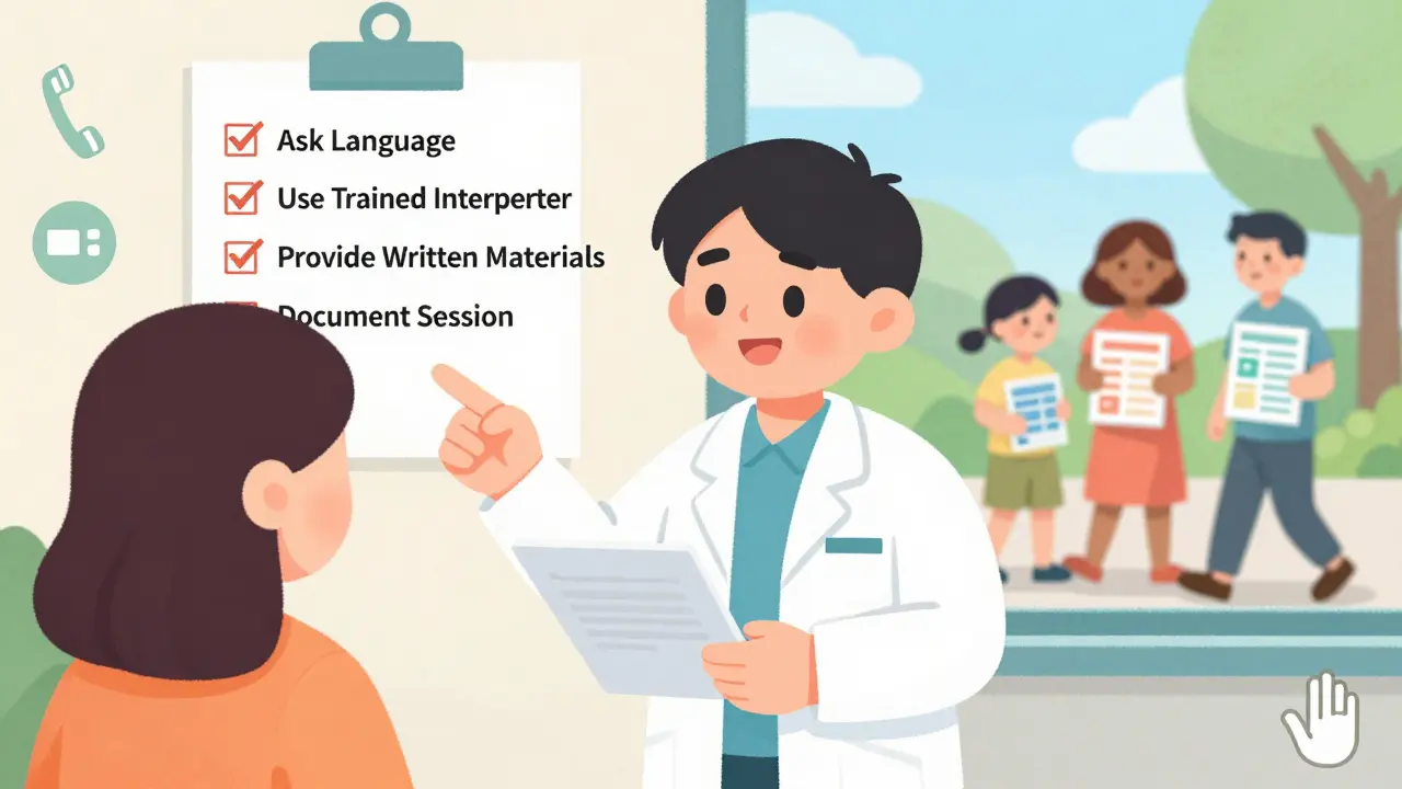 A pharmacy manager addresses a patient's concern with a compliance checklist visible on the wall.