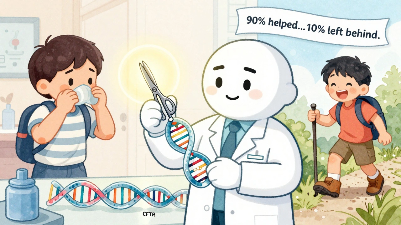 A scientist using a CRISPR tool to repair a CFTR gene, contrasted with past and present CF patients.