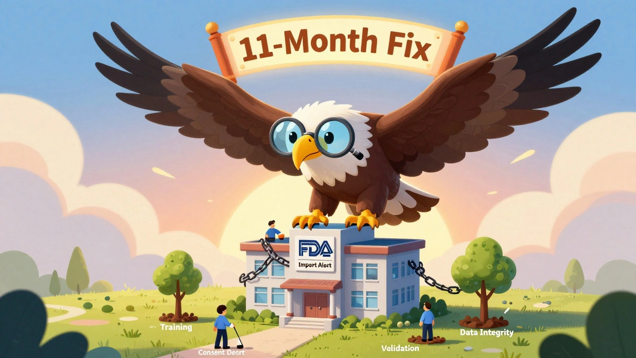 A tiny factory is chained down by FDA enforcement as a giant eagle watches, with a banner of recovery above.