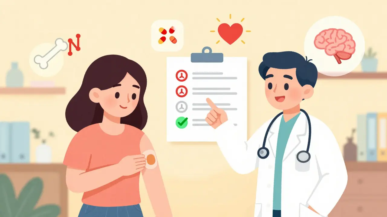 A woman applying a hormone patch while a doctor shows safer delivery options with icons.