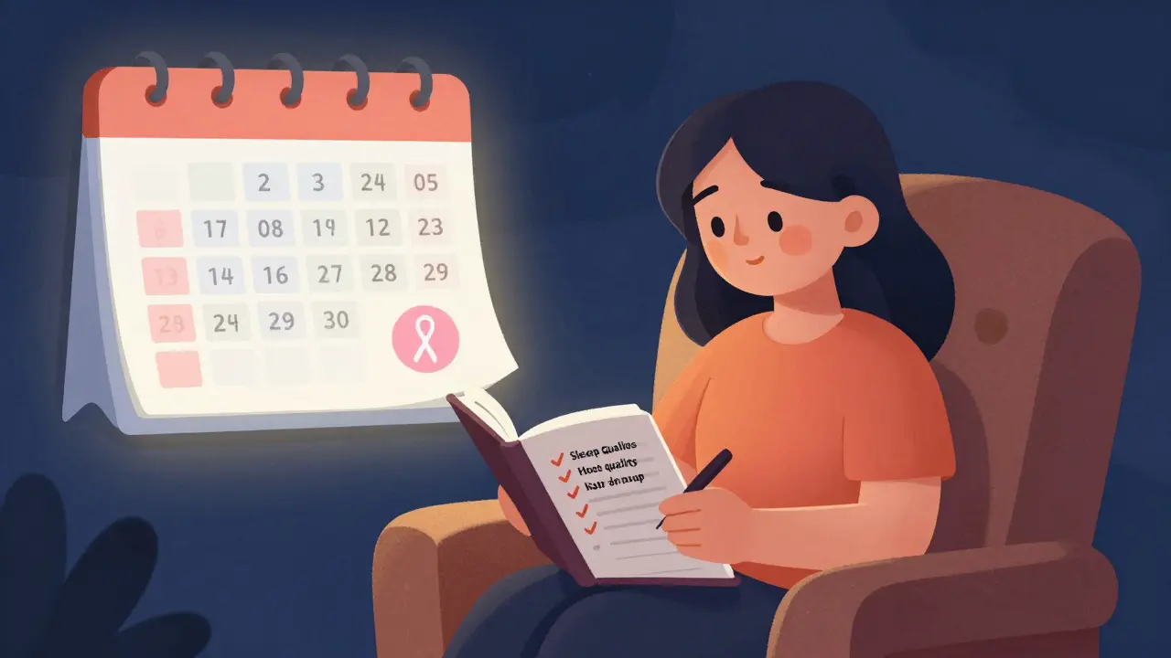 A woman tracking her symptoms at night, with annual check-up reminders glowing softly.