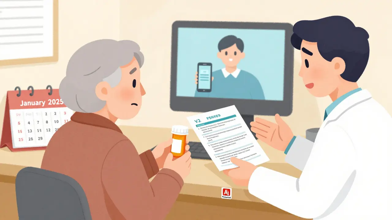 An elderly patient is guided through medication instructions using a multilingual printed guide.