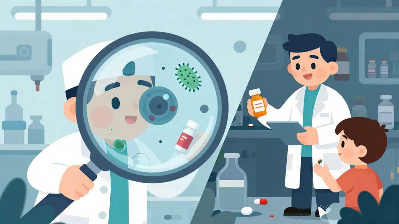 An FDA inspector views contamination in a foreign drug factory through a magnifying glass, contrasted with a clean U.S. pharmacy.