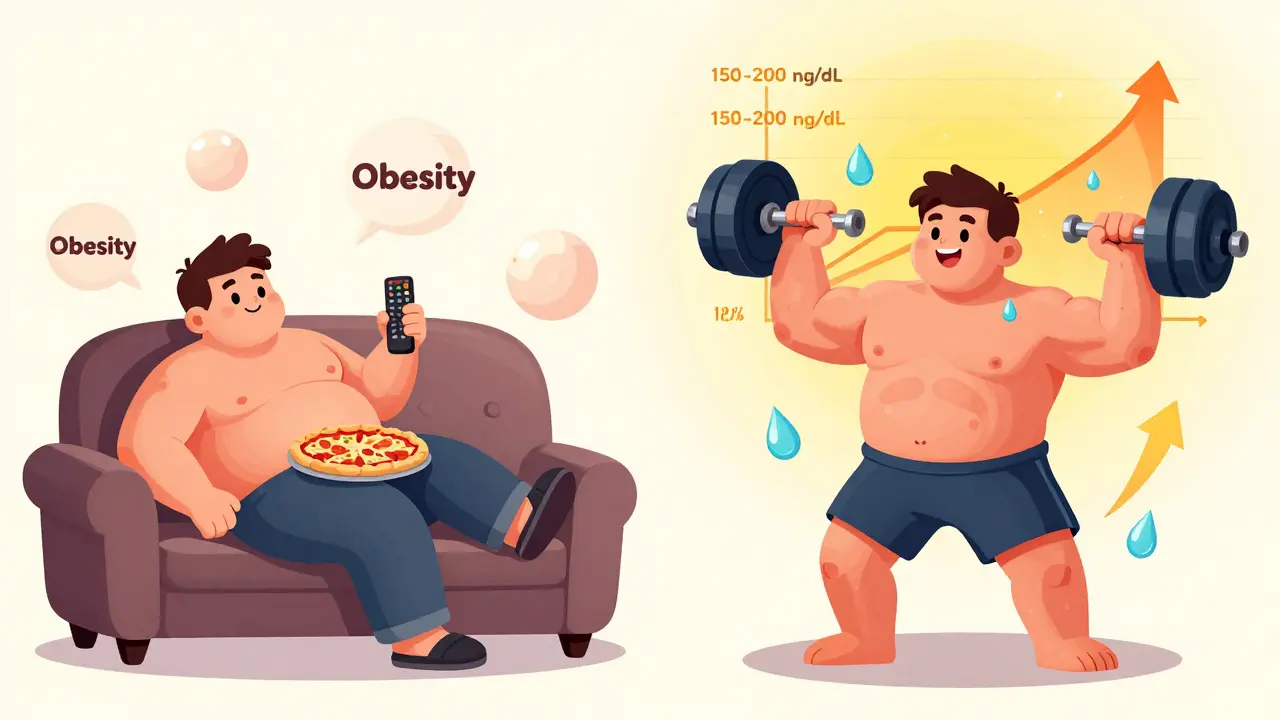 Before and after cartoon of a man losing weight and boosting testosterone through exercise.